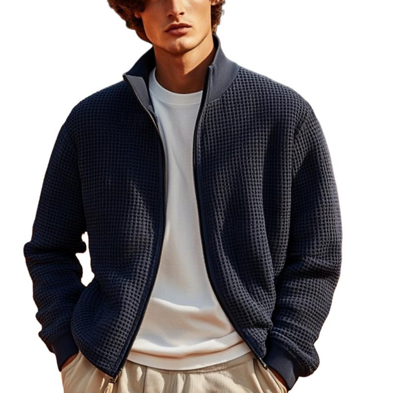 【24-hour shipping】Men's Solid Knitted Waffle Stand Collar Zipper Cardigan 19251643Y