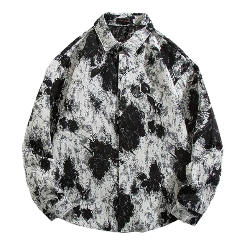 Men's Casual Ink-splashed Print Lapel Long-sleeved Shirt 70625079F