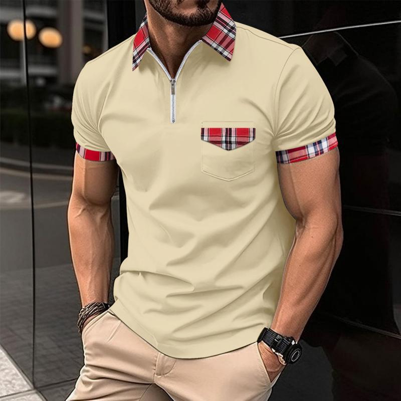 Men's Plaid Stitching Lapel Short Sleeve Polo Shirt 04380022Z