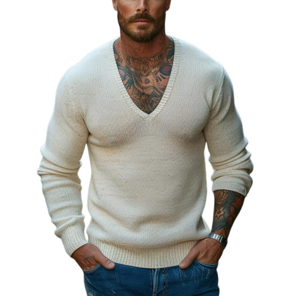 Men's Casual Solid Color V-Neck Slim Fit Long Sleeve Knitted Sweater 01086176M