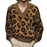 Men's Fashion Leopard Jacquard V Neck Loose Knitted Sweater 25134566M