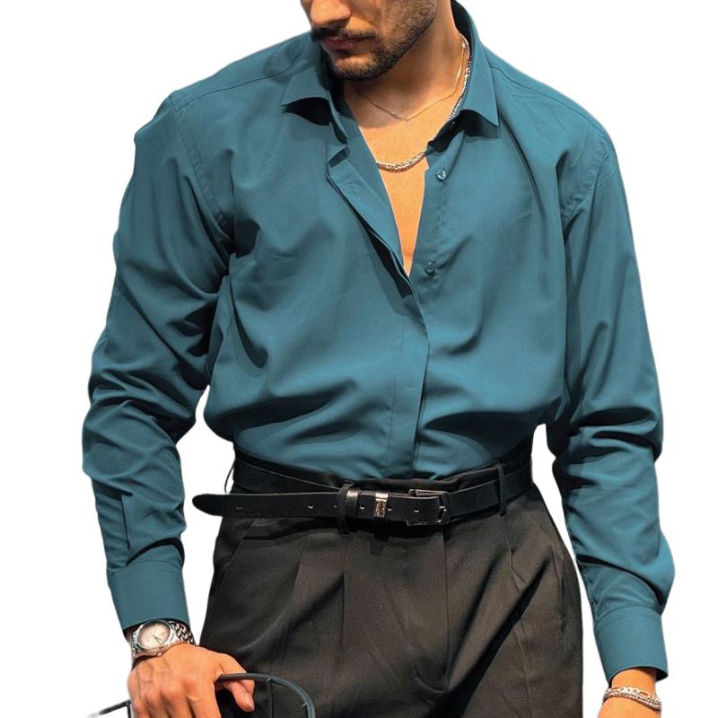 Men's Retro Casual Solid Color Lapel Long Sleeve Shirt 61700721TO