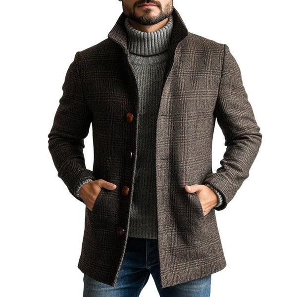 Men's Retro Plaid Woolen Single-Breasted Mid-Length Coat 83074738Y