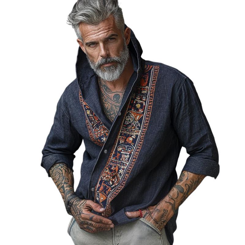 Men's Retro Casual Cotton and Linen Totem Print Long Sleeve Shirt 56901971TO