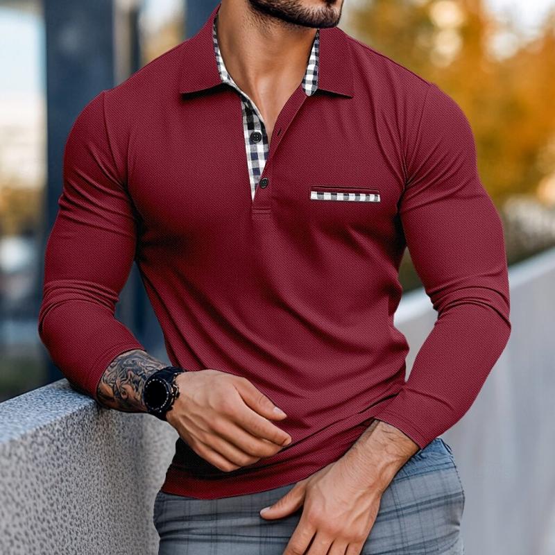 Men's Casual Lapel Check Colorblock Long Sleeve Polo Shirt 46012795Y