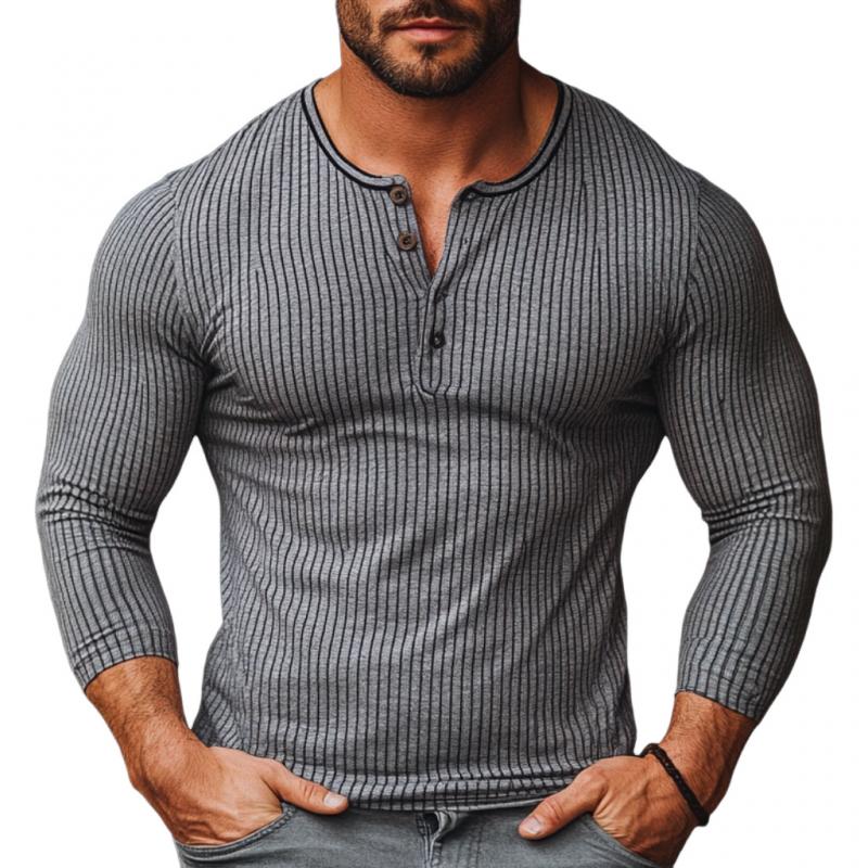 Men's Casual Striped Henley Collar Slim Fit Long Sleeve T-Shirt 70706637M