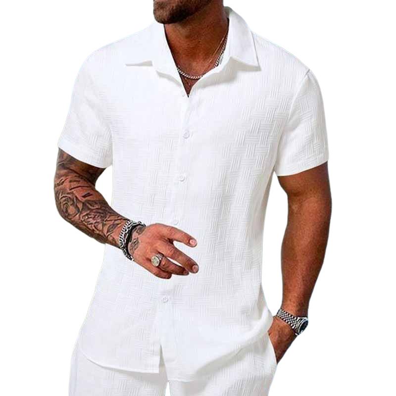 Camicia da uomo a maniche corte con risvolto tinta unita testurizzata 01371151X