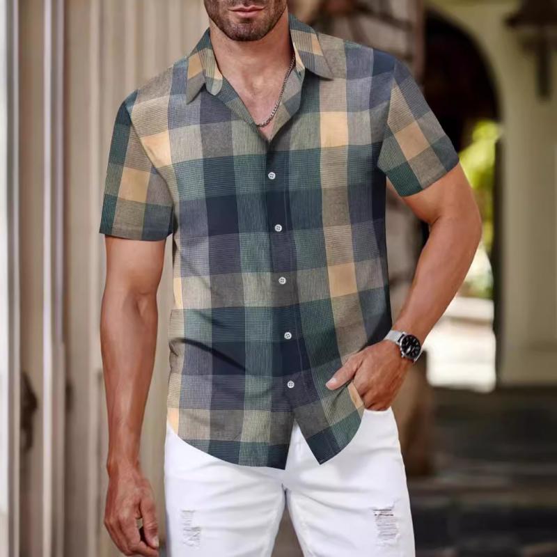 Men's Plaid Lapel Short Sleeve Shirt 46721970Y