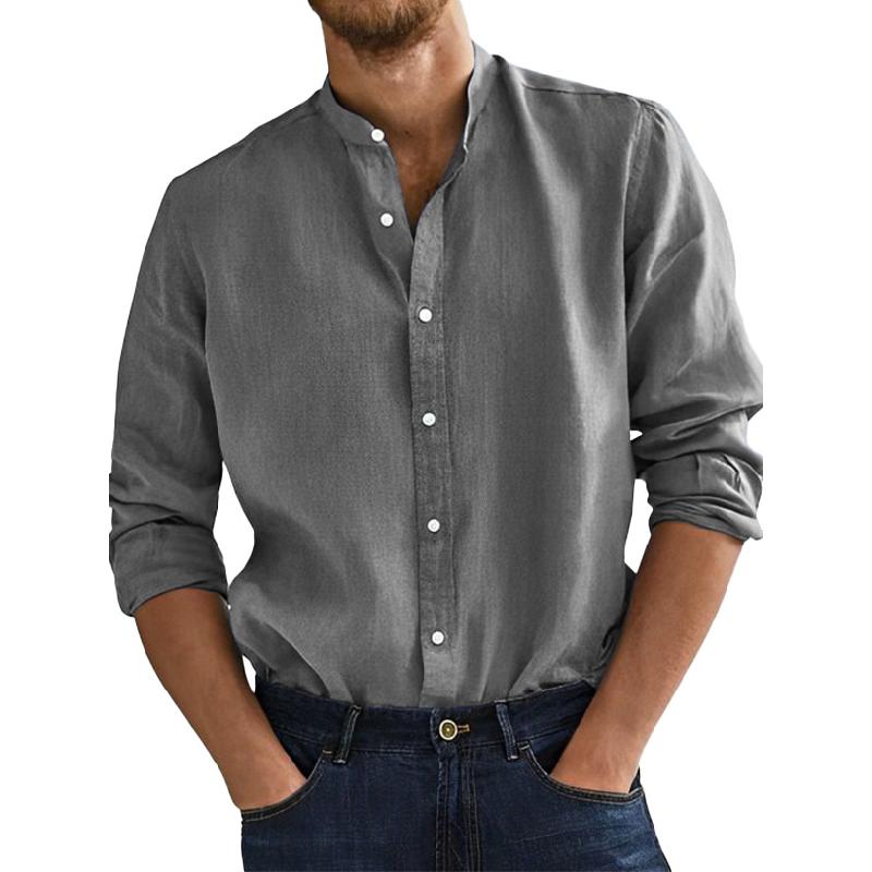 Men's Casual Solid Color Cotton and Linen Stand Collar Long Sleeve Shirt 79271978Y