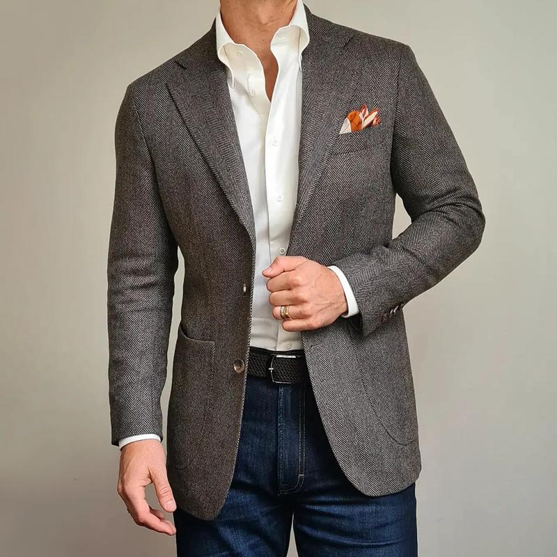 【Envío en 24 horas】Blazer ajustado de dos botones con solapa con muesca y diseño de espiga vintage para hombre 54083241Z