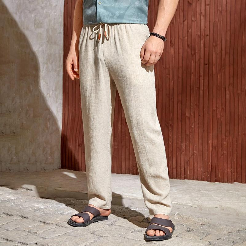 Men's Solid Color Cotton And Linen Elastic Waist Casual Pants 51379161Z