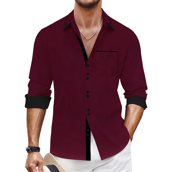 Men's Color Block Lapel Chest Pocket Long Sleeve Shirt 56686158Z