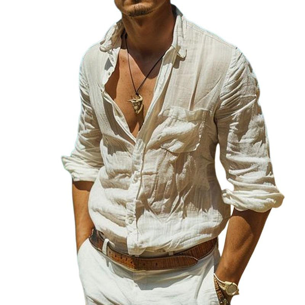 Men's Casual Cotton Linen Thin Breathable Lapel Long-sleeved Shirt 31019739M