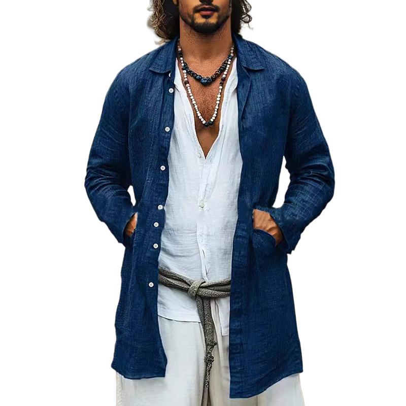 Men's Casual Cotton Linen Lapel Single-breasted Long-sleeved Mid-length Shirt 52190048M