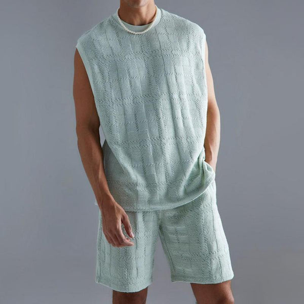 Men's Solid Knitted Round Neck Sleeveless Top And Shorts Casual Set 10776223Z