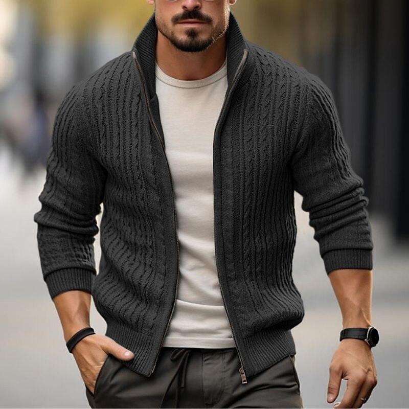 Men's Casual Solid Color Cable Tie Stand Collar Zipper Knitted Cardigan 19857575M