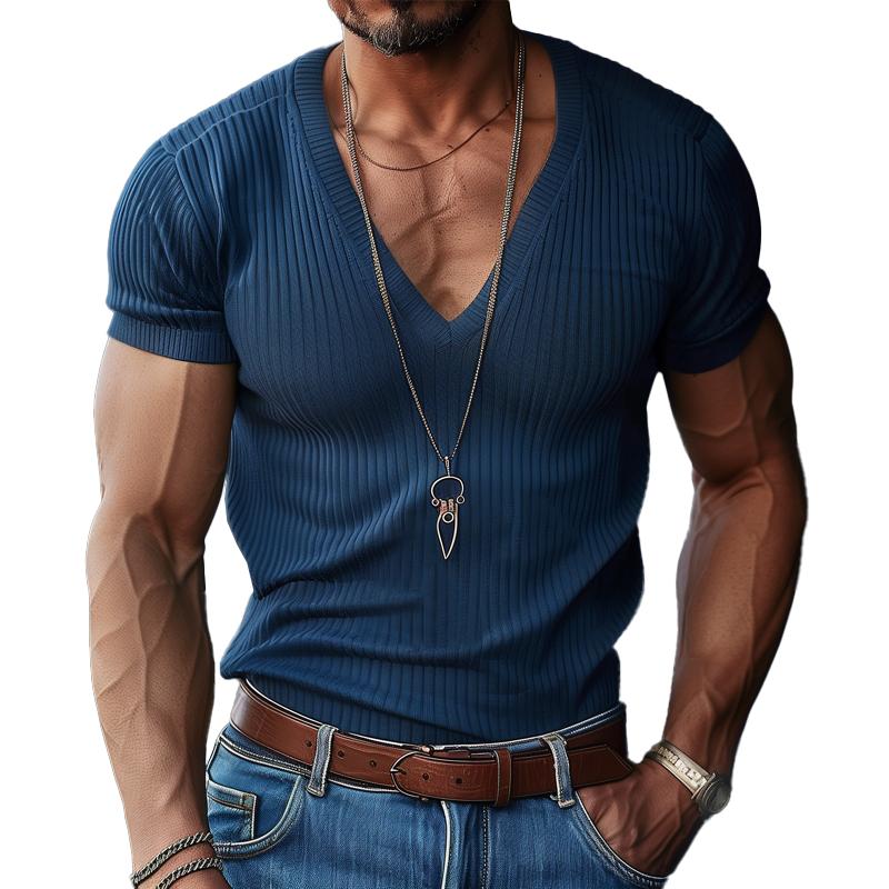 Men's Solid V Neck Short Sleeve Knit T-shirt 80245421Z