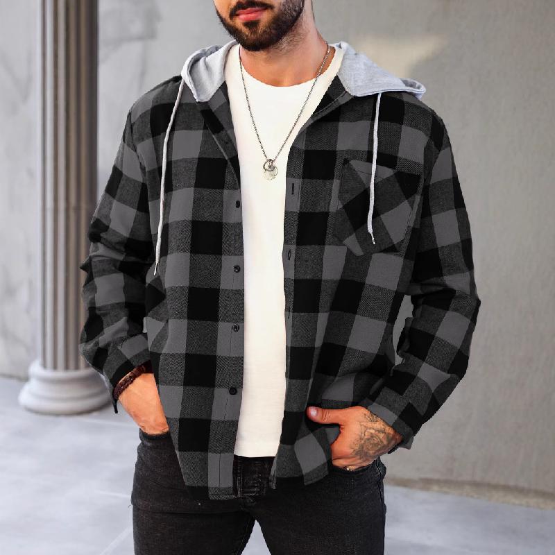 Men's Casual Plaid Long Sleeve Hoodie Jacket 91542016X