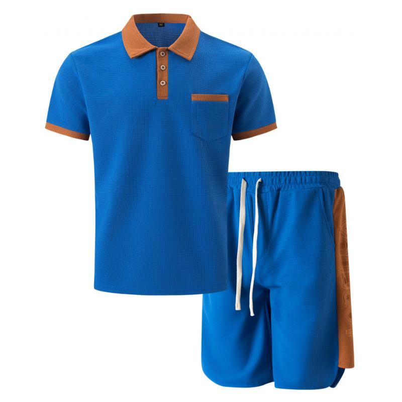 Men's Waffle Color Block Short Sleeve Polo Shirt Shorts Set 76512412Y