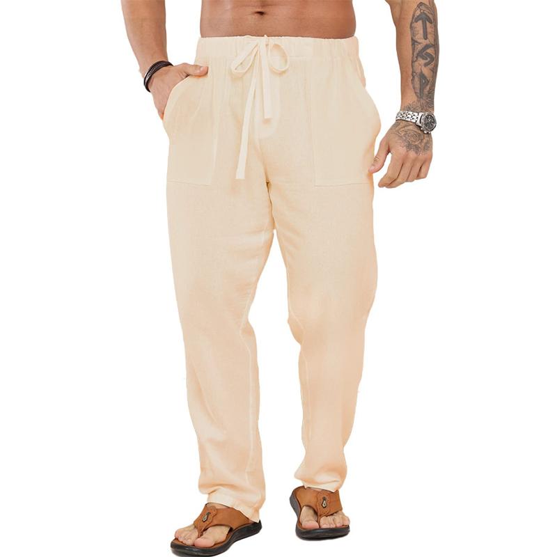 Men's Solid Cotton And Linen Drawstring Elastic Waist Casual Pants 51036837Z