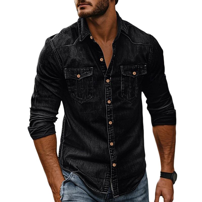 Herren Vintage Washed Distressed Denim Revers Hemd 89638435X