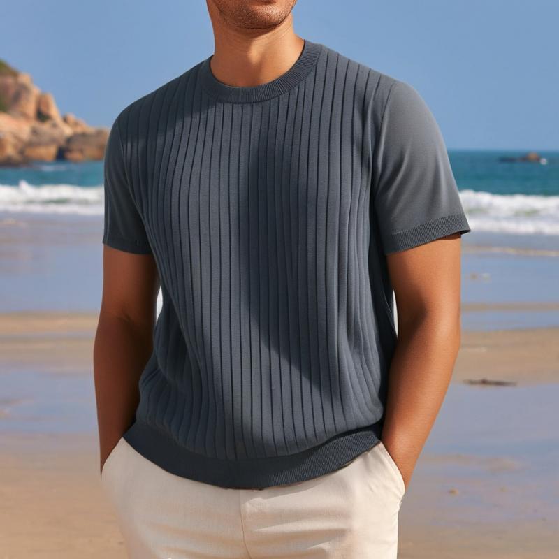 Men's Solid Color Striped Round Neck Short Sleeve Knit T-shirt 09033199Z