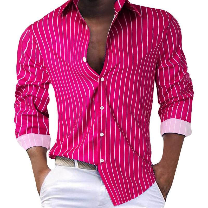 Men's Casual Striped Lapel Single Breasted Long Sleeve Shirt 24551324M