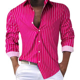 Men's Casual Striped Lapel Single Breasted Long Sleeve Shirt 24551324M