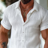 Men's Solid Cotton And Linen Lapel Short Sleeve Casual Shirt 41917946Z