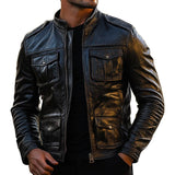 Men's Casual Multi-pocket Stand Collar Leather Jacket 74868345F