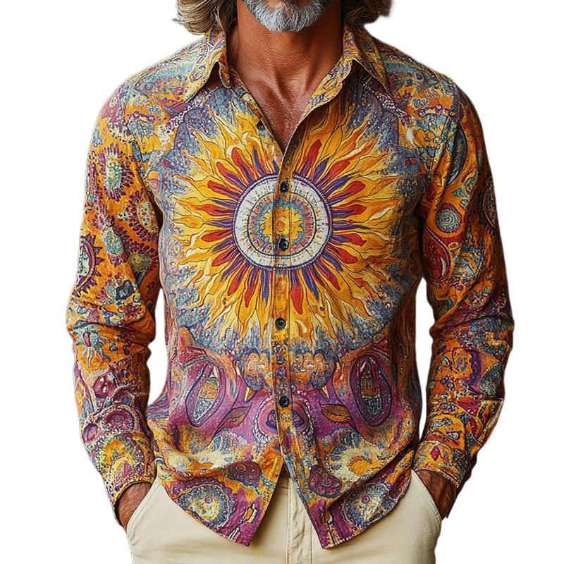 Men's Retro Casual Sun God Print Lapel Long Sleeve Shirt 77477760TO