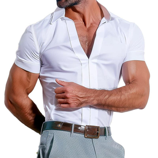 Men's Solid Lapel Short Sleeve Pullover Casual Shirt 73454526Z