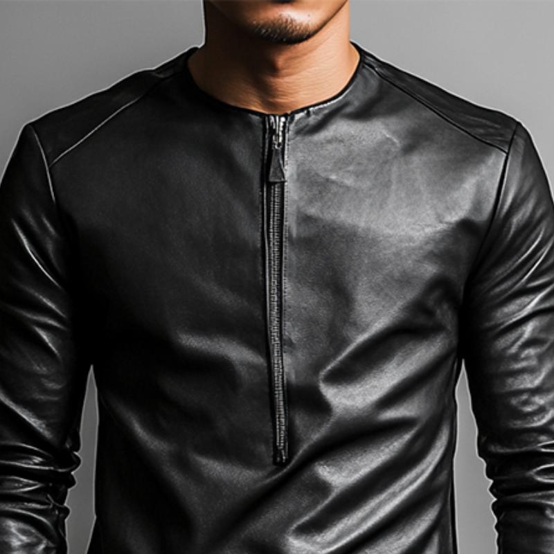 Men's Casual  Round Neck Irregular Hem Leather Long Sleeve T-shirt 82551647K