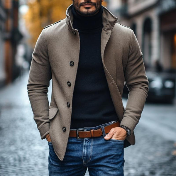 Men's Casual Wool Blend Lapel Single-breasted Slim Short Coat 85856791M