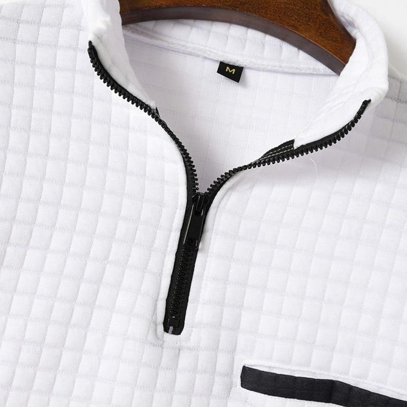 Men's Casual Waffle Zipper Stand Collar Long Sleeve Polo Shirt 75379500Y