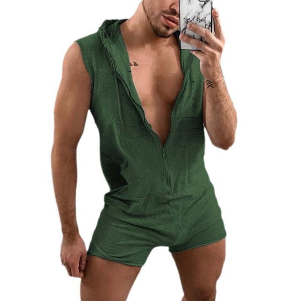Men's Solid Color Hooded Sleeveless Shorts Jumpsuit 04216608Y