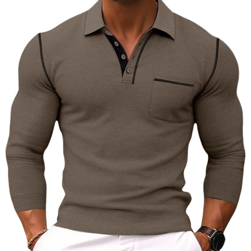 Men's Casual Colorblock Lapel Slim Fit Long Sleeve Polo Shirt 24545515M