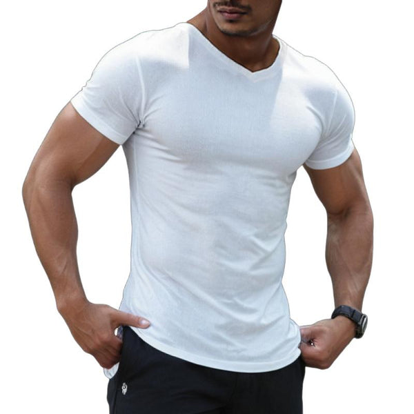 Men's Casual Solid Color V-Neck Stretch Tight Short-Sleeved T-Shirt 97372063M