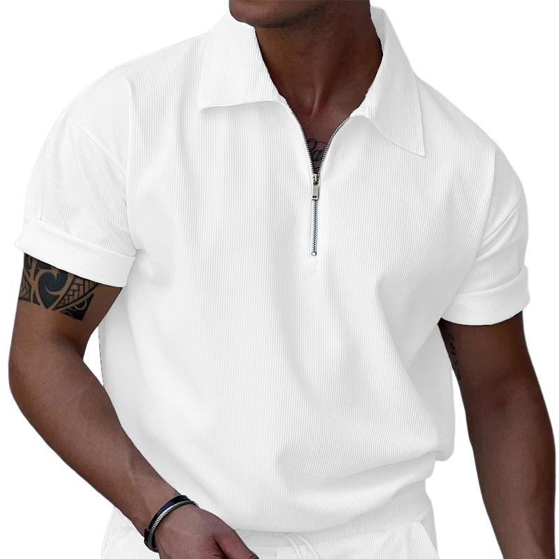 Men's Solid Color Zipper Lapel Short Sleeve Polo Shirt 47900104Y