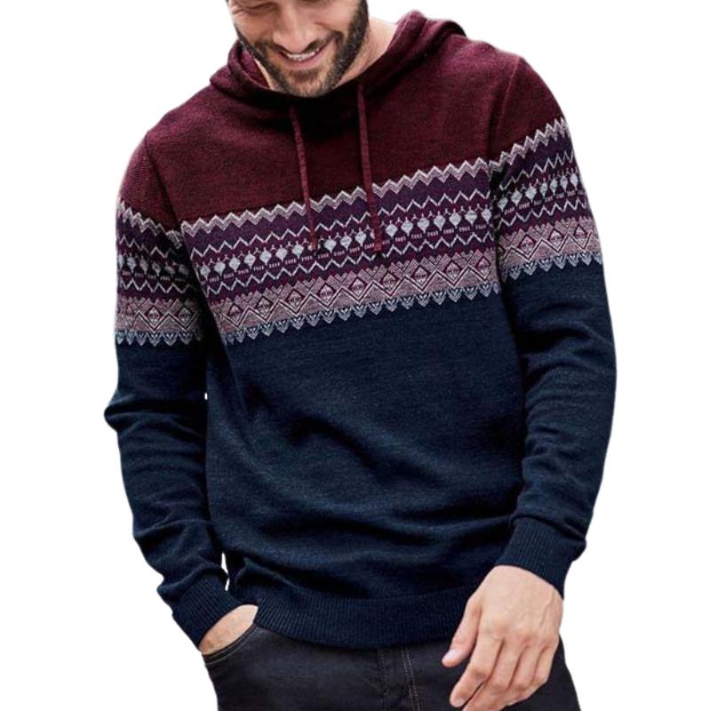 Men's Classic Retro Casual Knitted Pattern Patchwork Hooded Sweater 87383117K