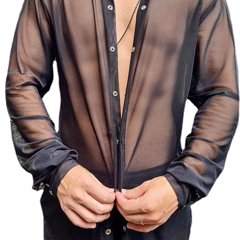 Men's Lapel Long Sleeve Transparent Shirt 60146626Z