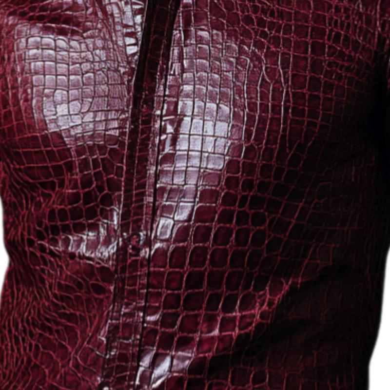 Men's Fashion Slim Burgundy Lapel Textured Leather Shirt 14133965F