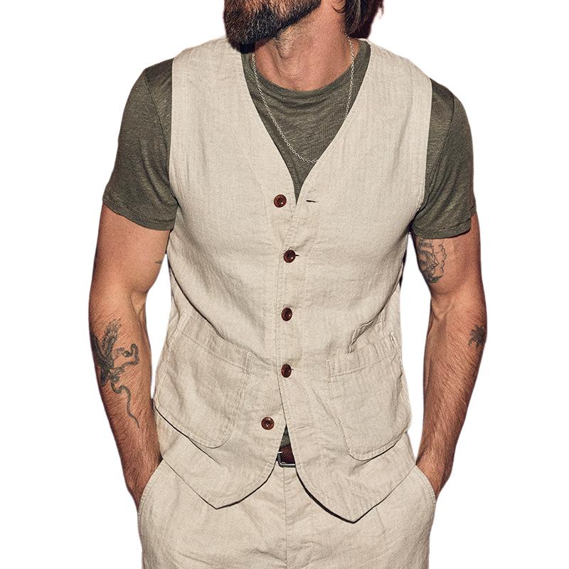 Men's Casual Vintage Cotton and Linen Pocket Vest 73011634TO