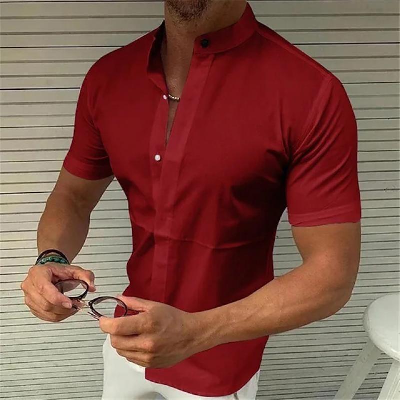 Men's Casual Solid Color Stand Collar Breathable Short Sleeve Shirt 07911824M