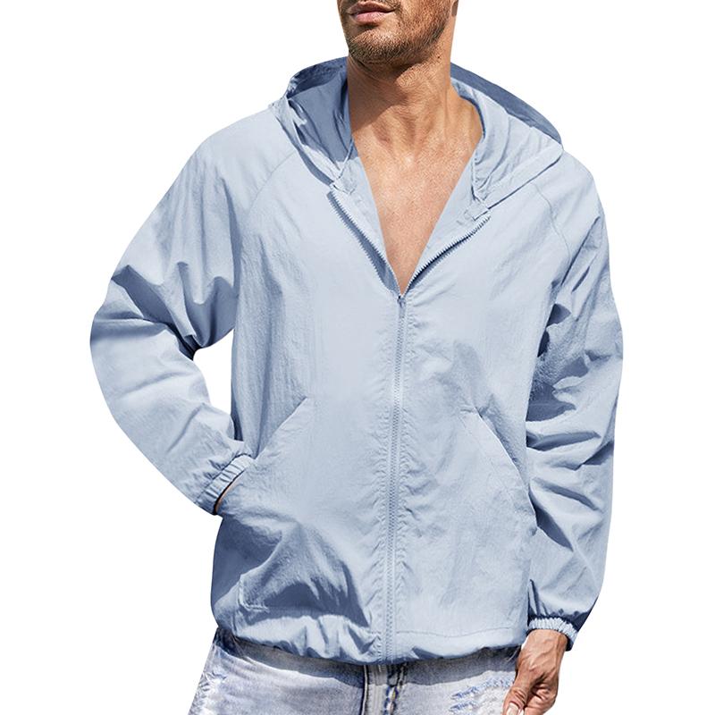 Men's Solid Hooded Zipper Sun Protection Jacket 75998624Z