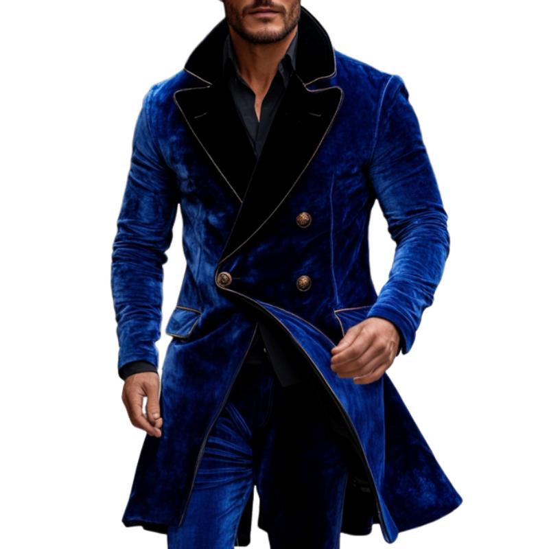 Men's Vintage Velvet Colorblock Trim Double-breasted Slim Fit Mid-length Coat 50331976M