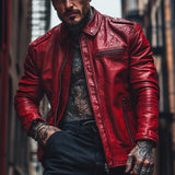 Men's Casual Personalized Lapel Red Leather Jacket 31531310F