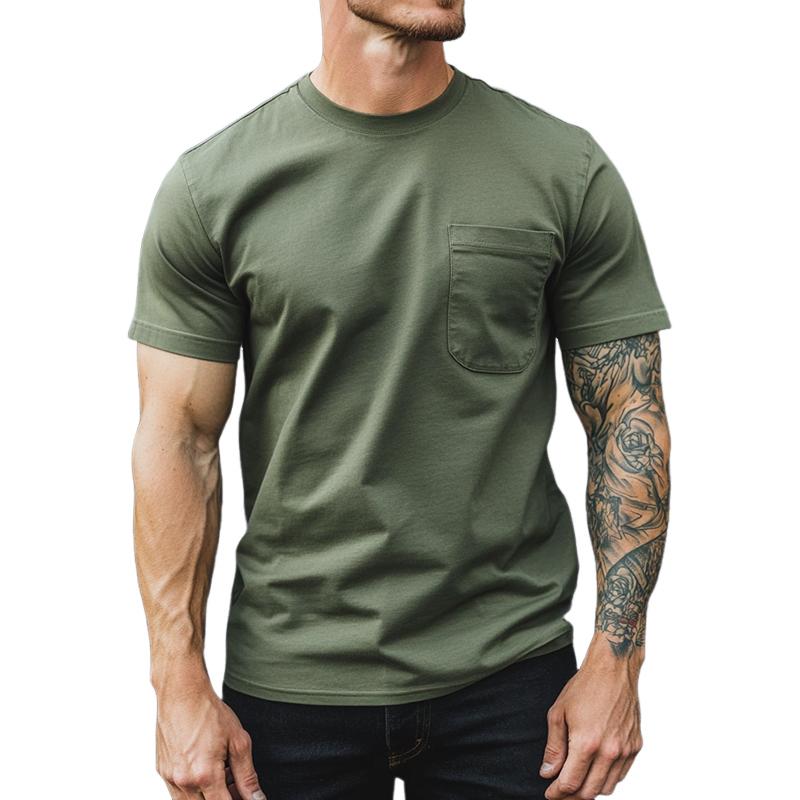 Men's Retro Casual Round Neck Pocket Short Sleeve T-Shirt 19097694TO