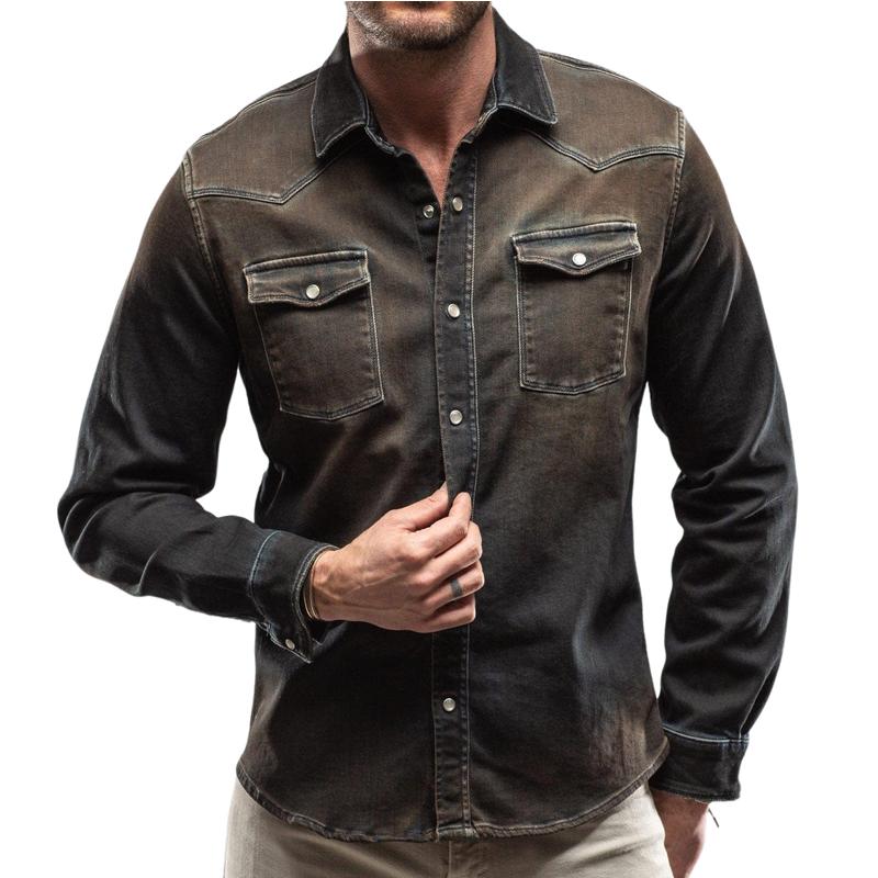 Men's Classic Vintage Lapel Washed Denim Shirt 92992333F