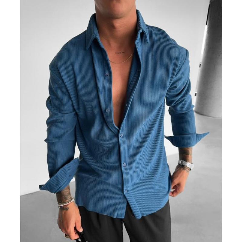 Men's Solid Color Pleated Loose Long Sleeve Shirt 05392146Y